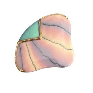 Vintage Clay Pottery Pin Brooch Gold Tone Pink Turquoise Gray MCM Estate 2.75"